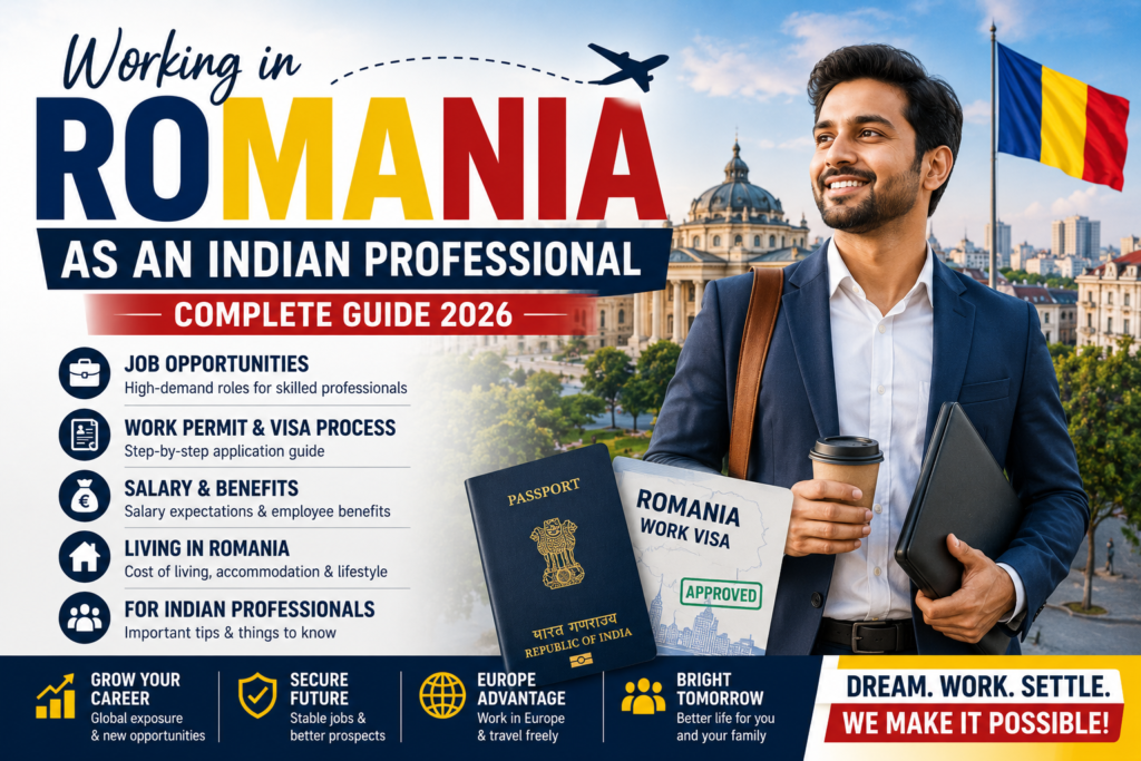 Indian professional working in Romania with Bucharest skyline and Romania work visa 2026