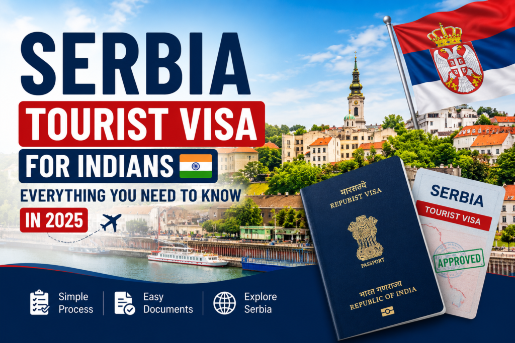 Serbia Tourist Visa for Indians 2025 guide with passport, visa and Belgrade city skyline